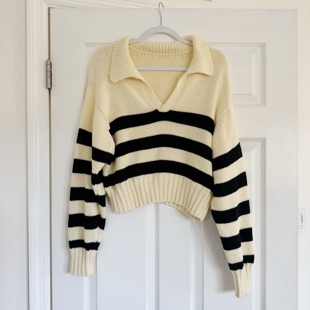 Ciao Lucia Venezia Black and Cream 100% Cotton V Neck Pullover Sweater Size S